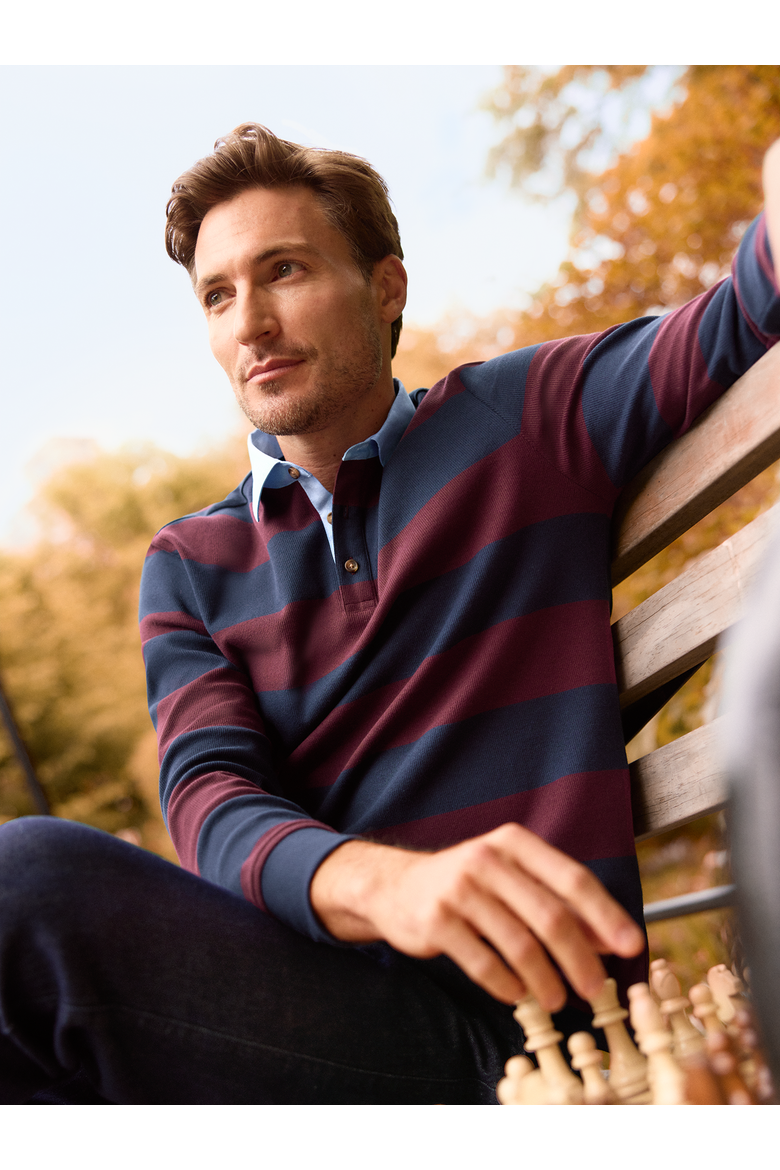 Long Sleeve Cotton/Polyester 3-Button Polo With Woven Collar, Alternate, color, Navy/Burgundy