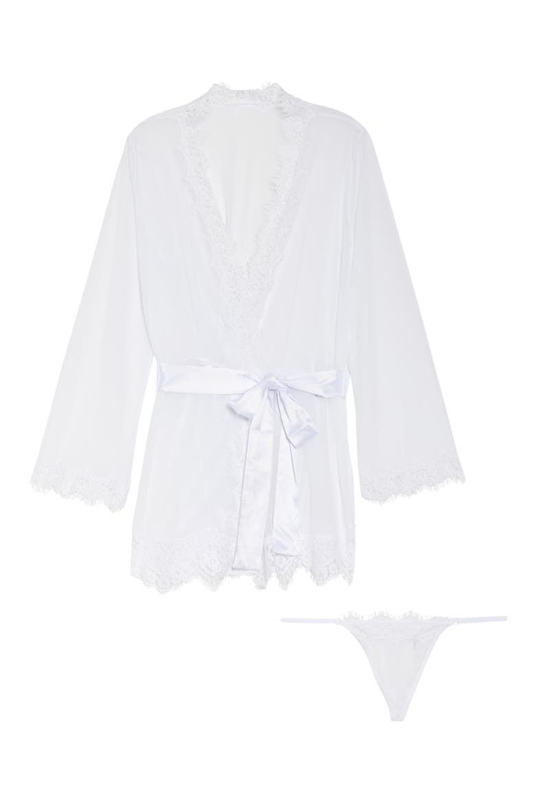 Lace Trim Mesh Robe & G-String Set, Alternate, color, WHITE