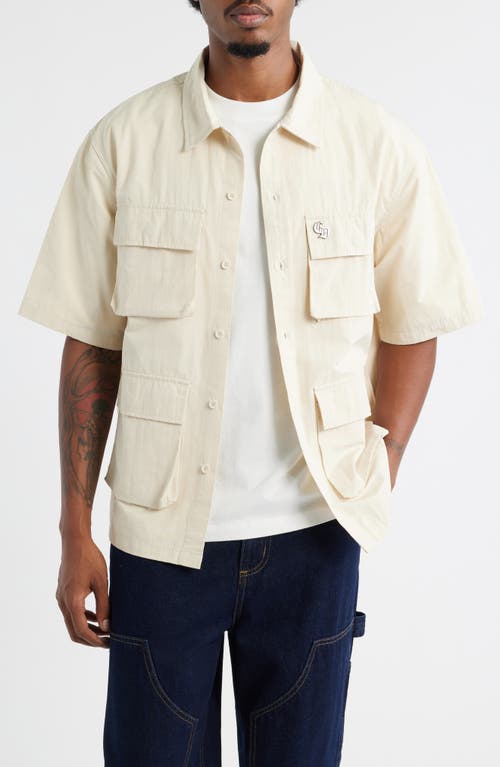 CRIMINAL DAMAGE Patterson Short Sleeve Cotton Button-Up Utility Shirt in Ecru 