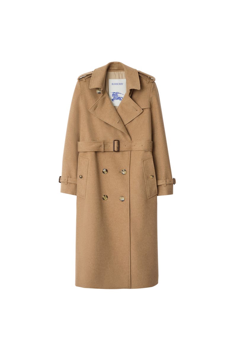 Burberry Long Cashmere Kensington Trench Coat, Alternate, color, Camel Beige