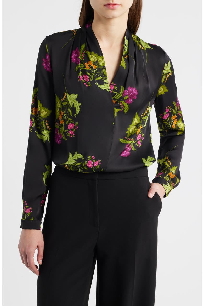 Palm Print Stretch Silk Top, Main, color, BLACK MULTI