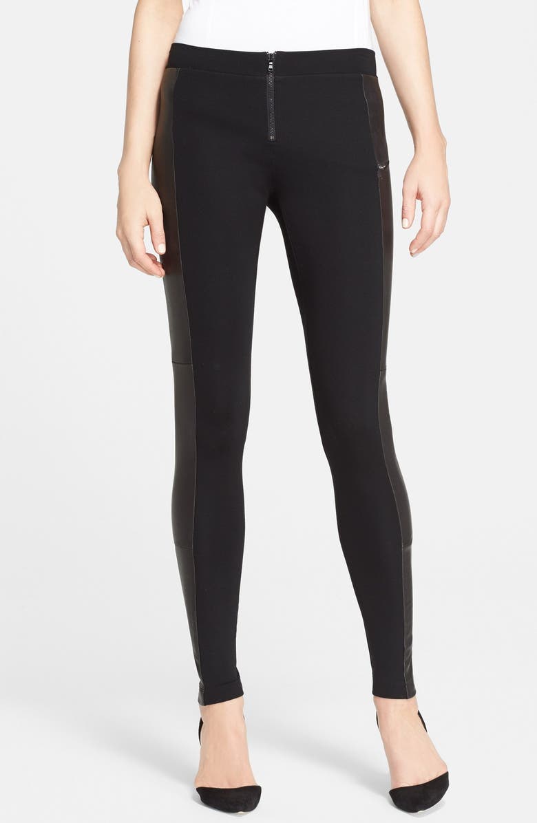 Alice + Olivia Leather Trim Ponte Knit Leggings, Alternate, color, 