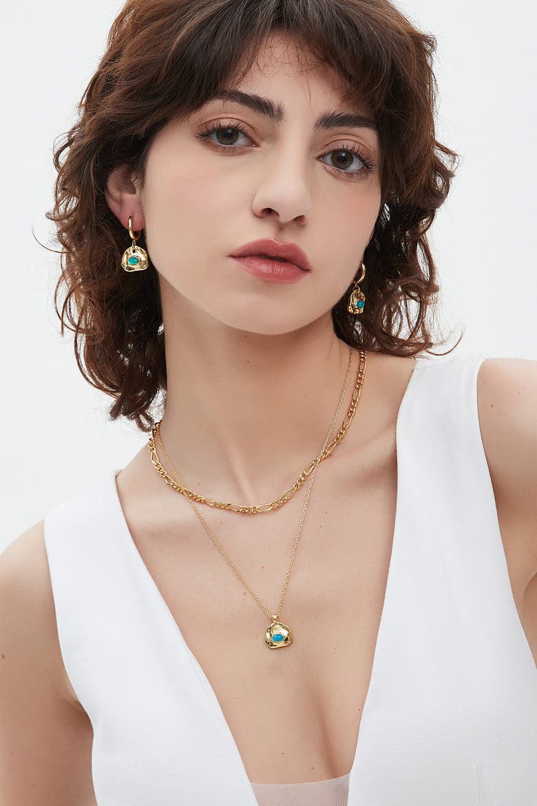 Aria Gemstone Pendant Necklace and Figaro Chain Layering Set, Alternate, color, Gold/Sky Blue