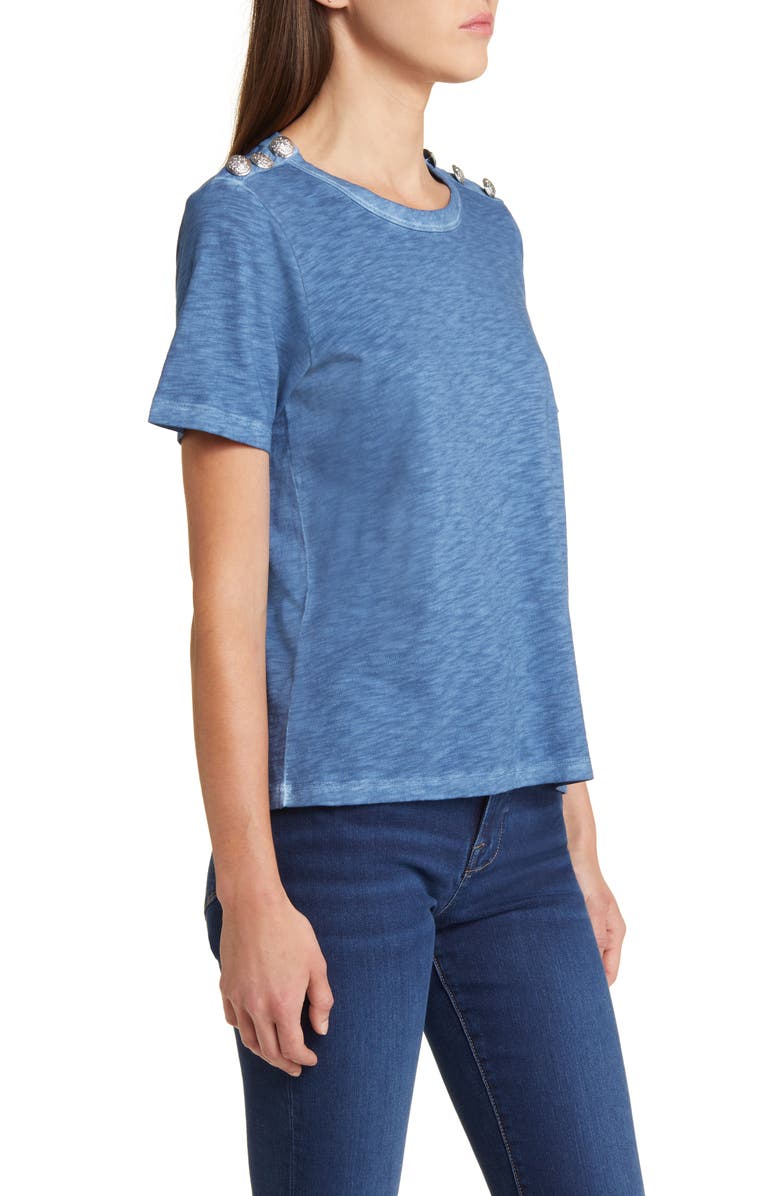 Veronica Beard Carla Scoop Neck Button Detail Cotton T-Shirt, Alternate, color, Lagoon Blue