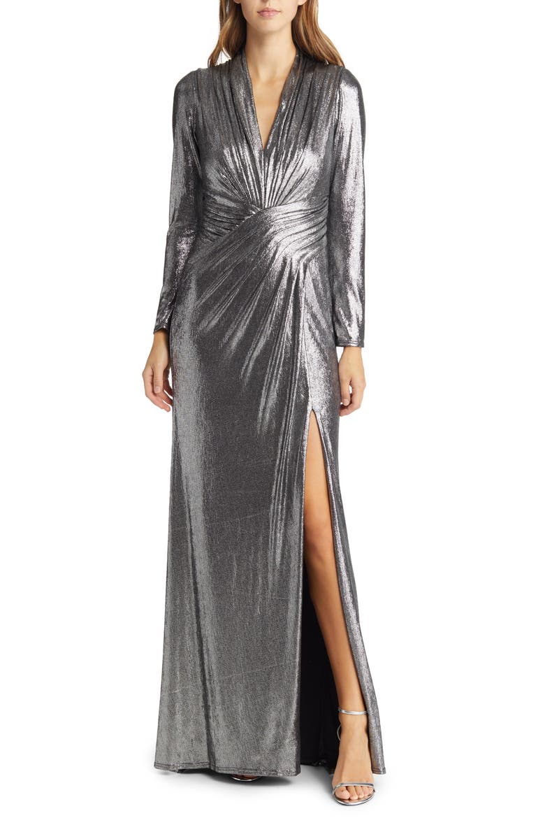 Draped Shimmer Long Sleeve Gown, Main, color, STEEL
