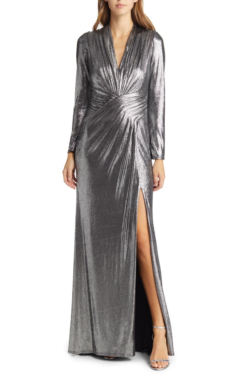 Tadashi Shoji Draped Shimmer Long Sleeve Gown, Main, color, 