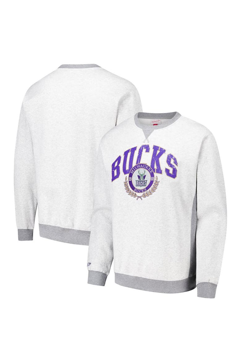 Men's Mitchell & Ness Heather Gray Milwaukee Bucks  Vintage Logo Pullover Sweatshirt, Main, color, Heather Gray