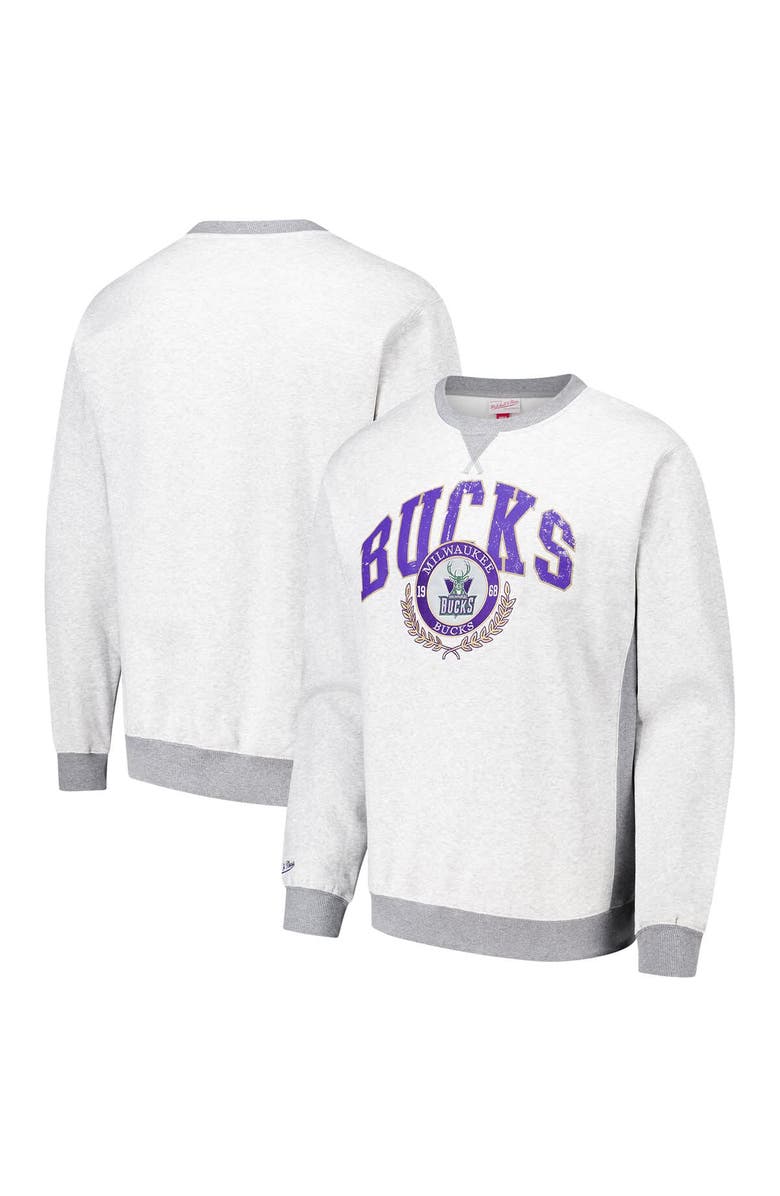 Mitchell & Ness Men's Mitchell & Ness Heather Gray Milwaukee Bucks Vintage Logo Pullover Sweatshirt, Main, color, Heather Gray