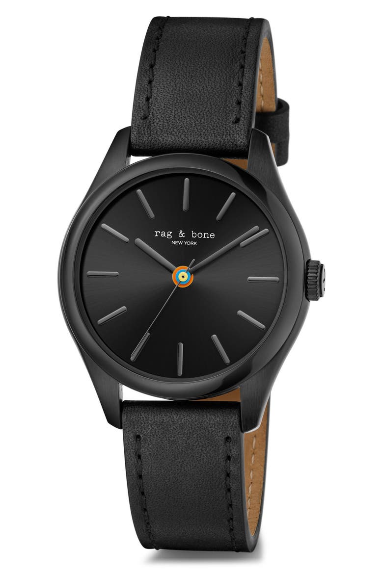 Dean Leather Strap Watch, 38mm, Alternate, color, BLACK