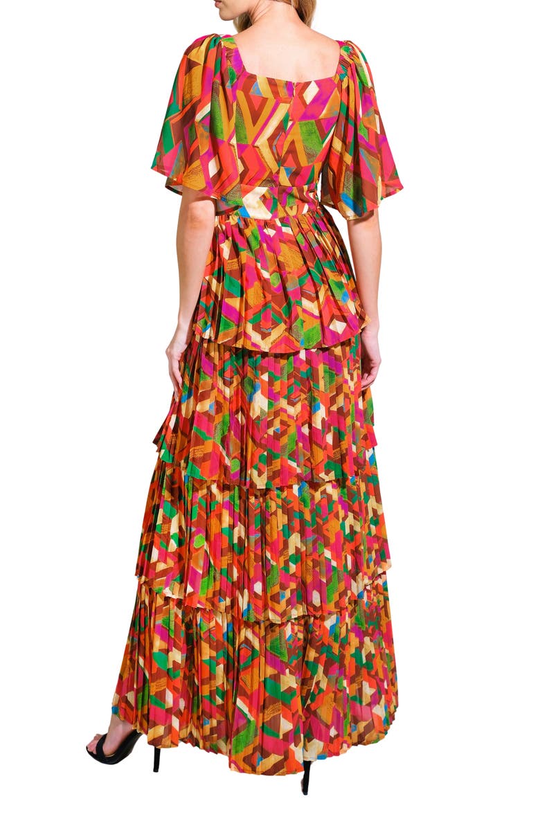 FLYING TOMATO Print Pleated Tiered Maxi Dress, Alternate, color, Orange Green