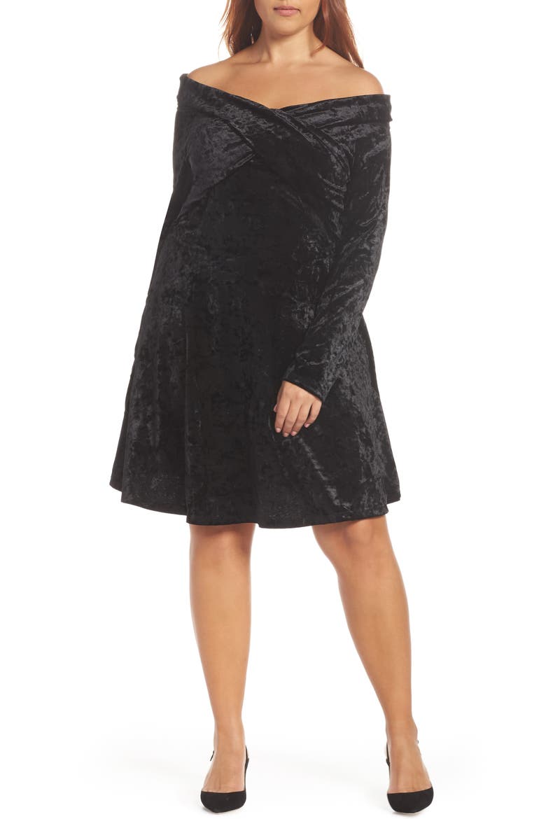 Off the Shoulder Velvet Fit & Flare Cocktail Dress, Alternate, color, BLACK