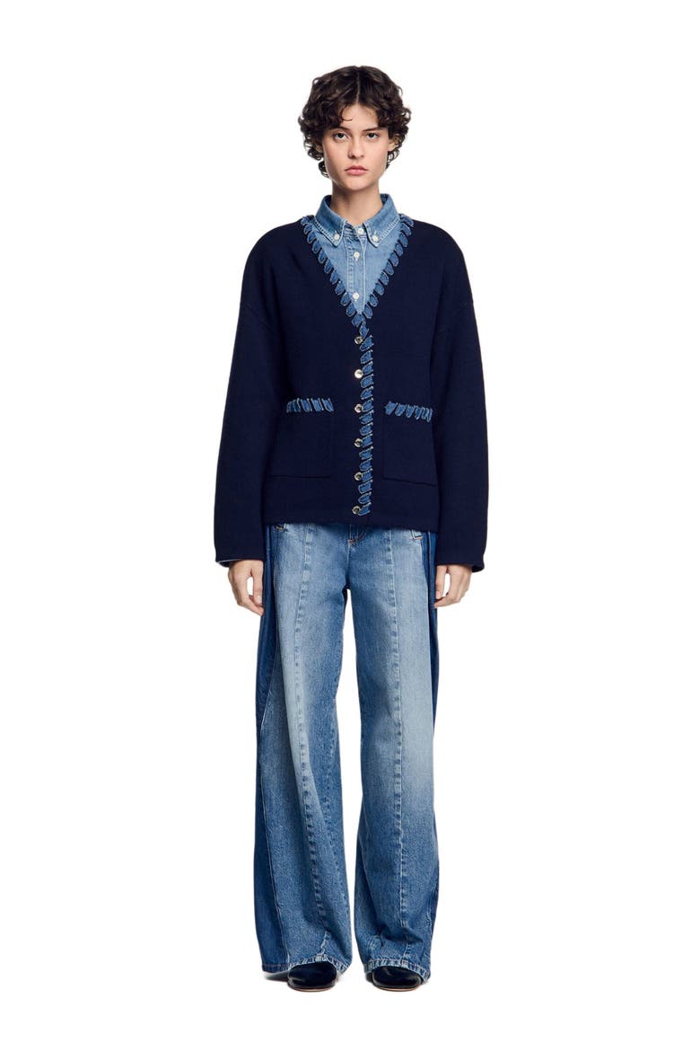 Cardigan with denim details, Main, color, Navy blue