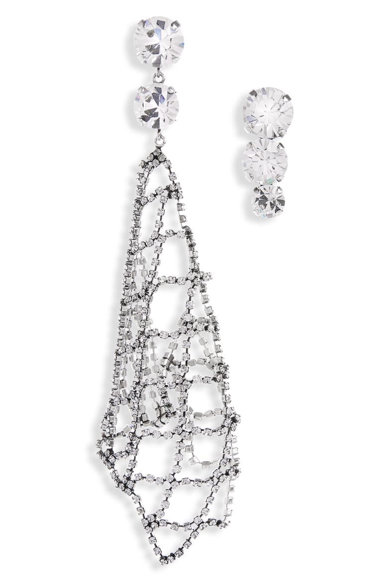 Crystal Mesh Asymmetric Drop Earrings, Main, color, TRANSPARENT/ SILVER TRSI