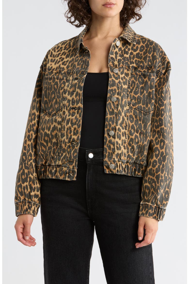 Leopard Print Oversize Trucker Jacket, Main, color, DARK TAN