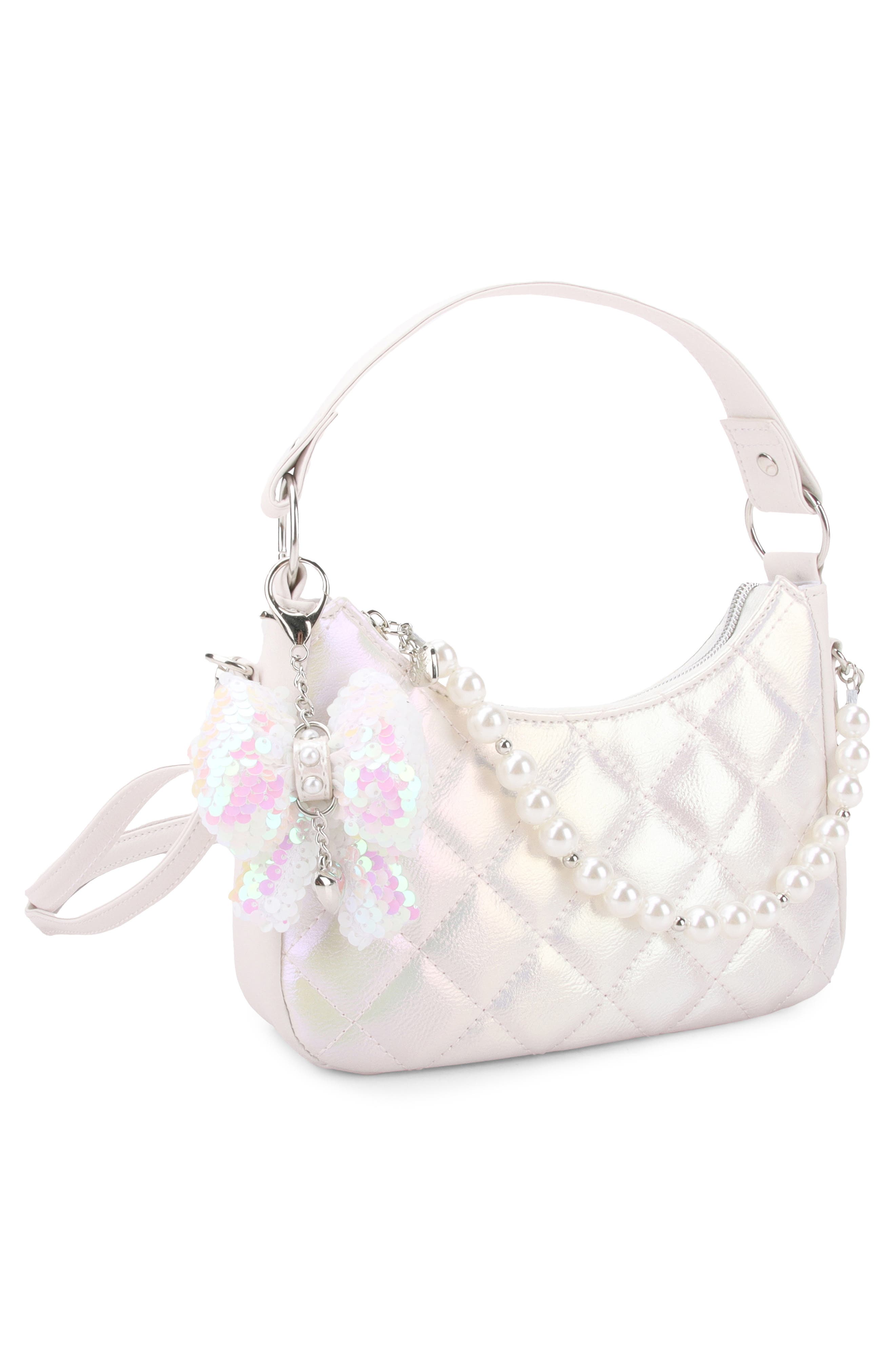 OMG Accessories Kids' Bow Detail Iridescent Quilted Crossbody Bag, Alternate, color, White