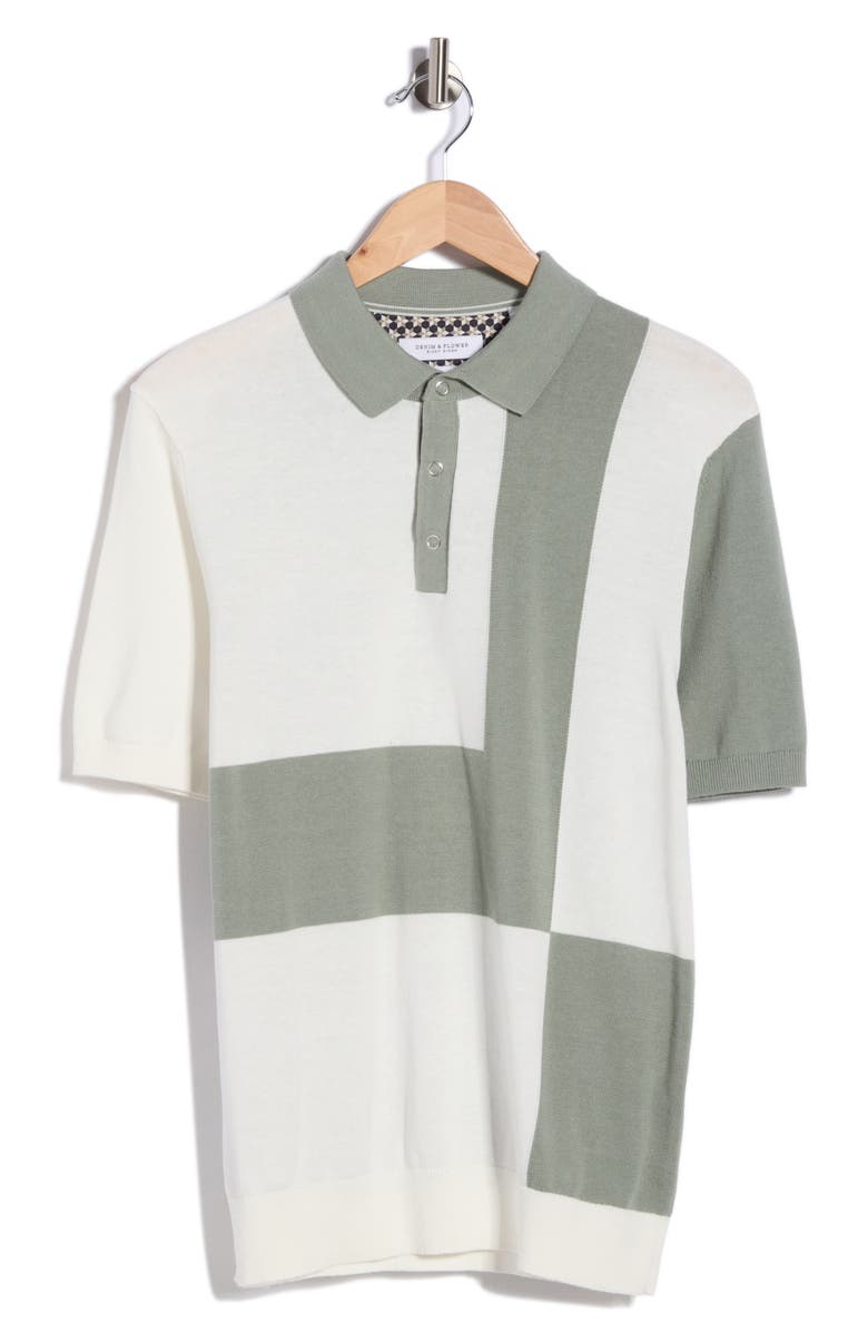 DENIM AND FLOWER Geometric Cotton Knit Polo, Alternate, color, Off White W/ Green
