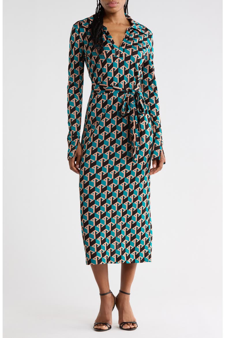Bianco Geo Print Long Sleeve Dress, Main, color, INTERMISSION GEO SIG TURQUOISE