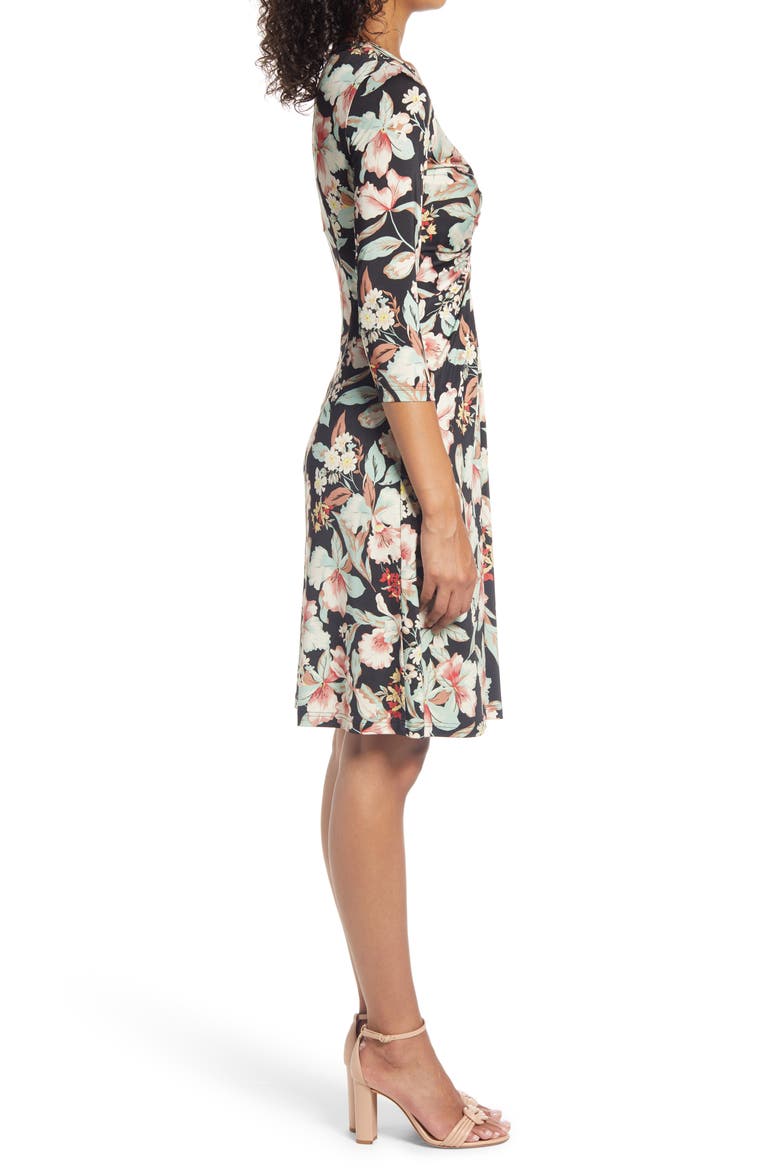 Floral Twist Front Fit & Flare Jersey Dress, Alternate, color, BLACK