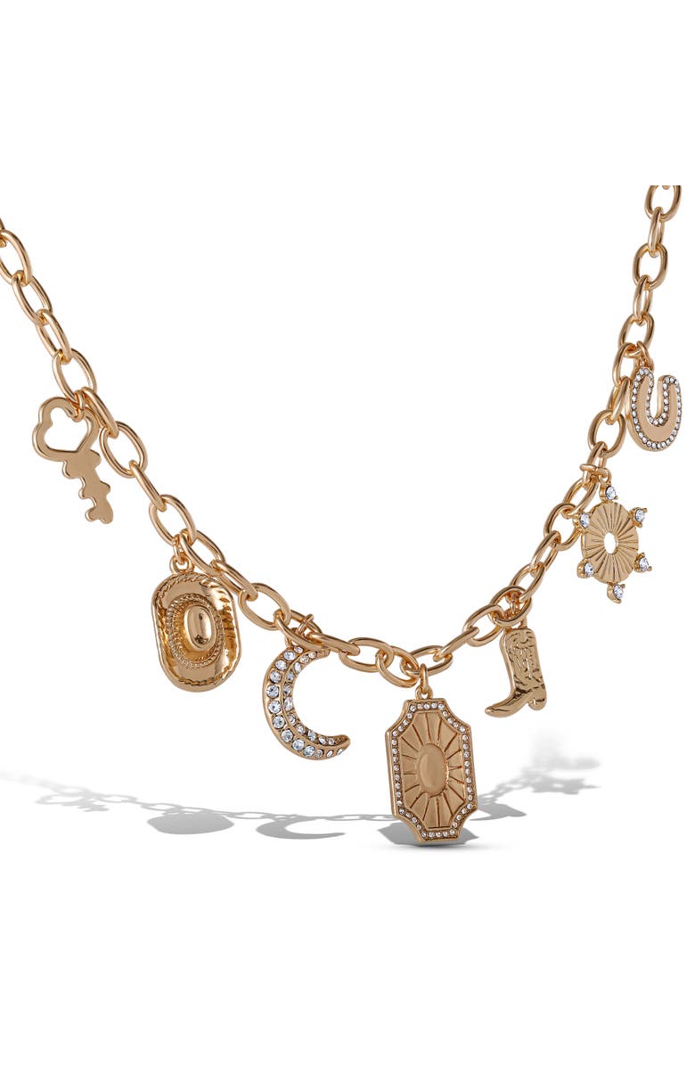 Jessica Simpson Starburst Charm Necklace, Alternate, color, Gold