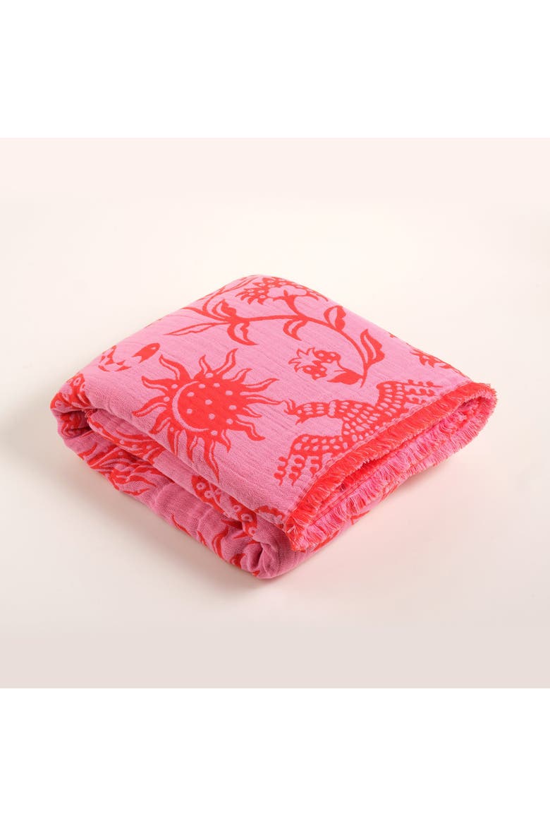 Costa Fringed Jacquard 102.5" x 94.5" Statement Bedding, Alternate, color, Pink