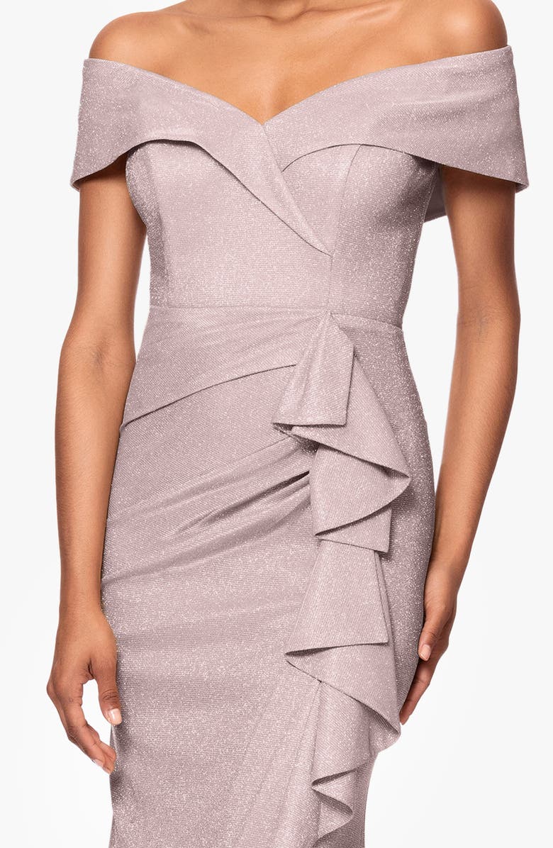 Xscape Evenings Ruffle Off the Shoulder Foil Knit Trumpet Gown, Alternate, color,