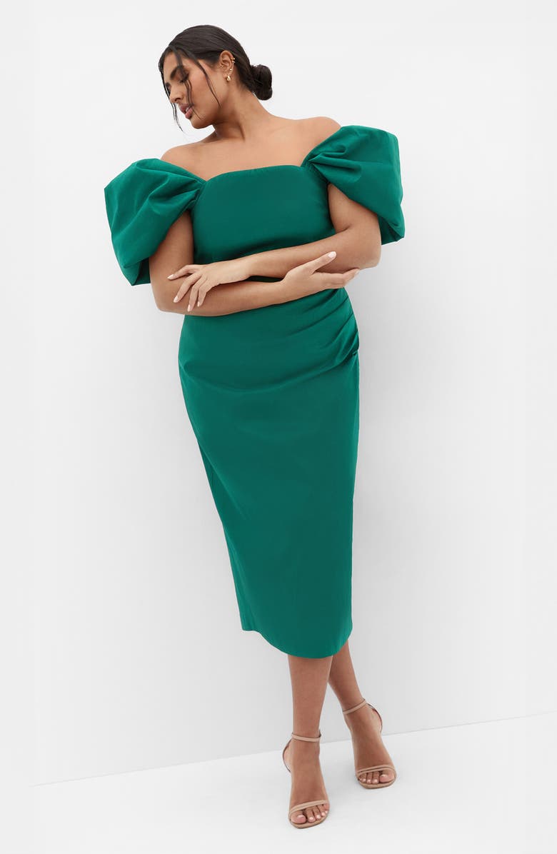 City Chic Elyse Puff Sleeve Sheath Dress, Alternate, color, Emerald
