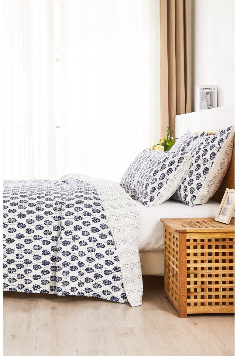 Floral Paisley Kantha Cotton Coverlet, Alternate, color, INDIGO
