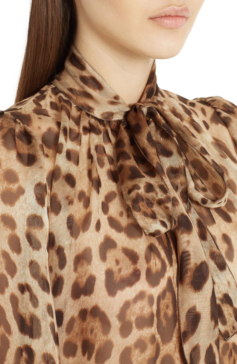 Dolce&Gabbana Leopard Print Silk Tie Neck Blouse, Alternate, color, 