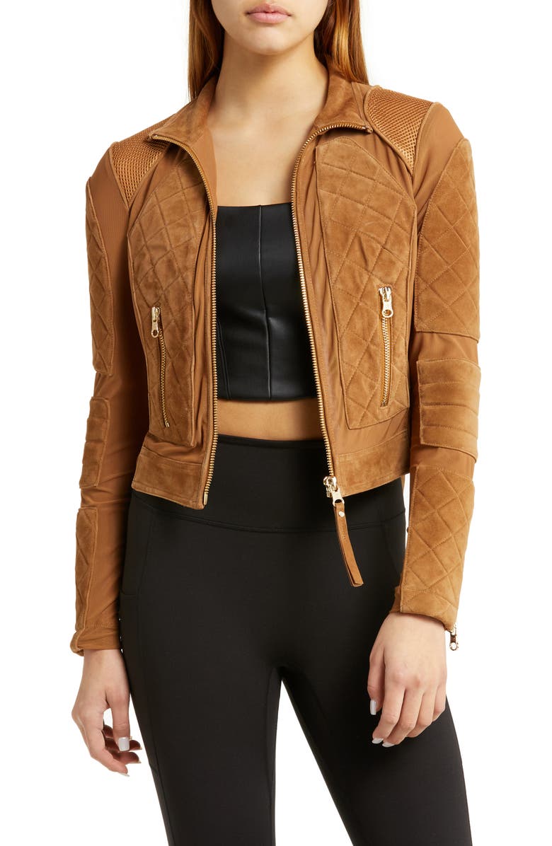 Blanc Noir Mesh Suede Moto Jacket, Main, color,