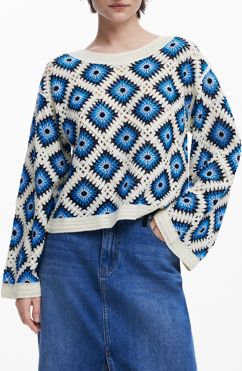 Desigual Geo Open Knit Sweater, Main, color, Blue Multi