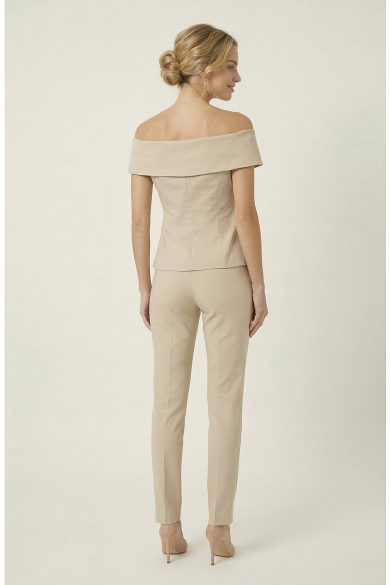 Off Shoulder Tailored Top with Foldover Collar and Button Front, Alternate, color, Beige