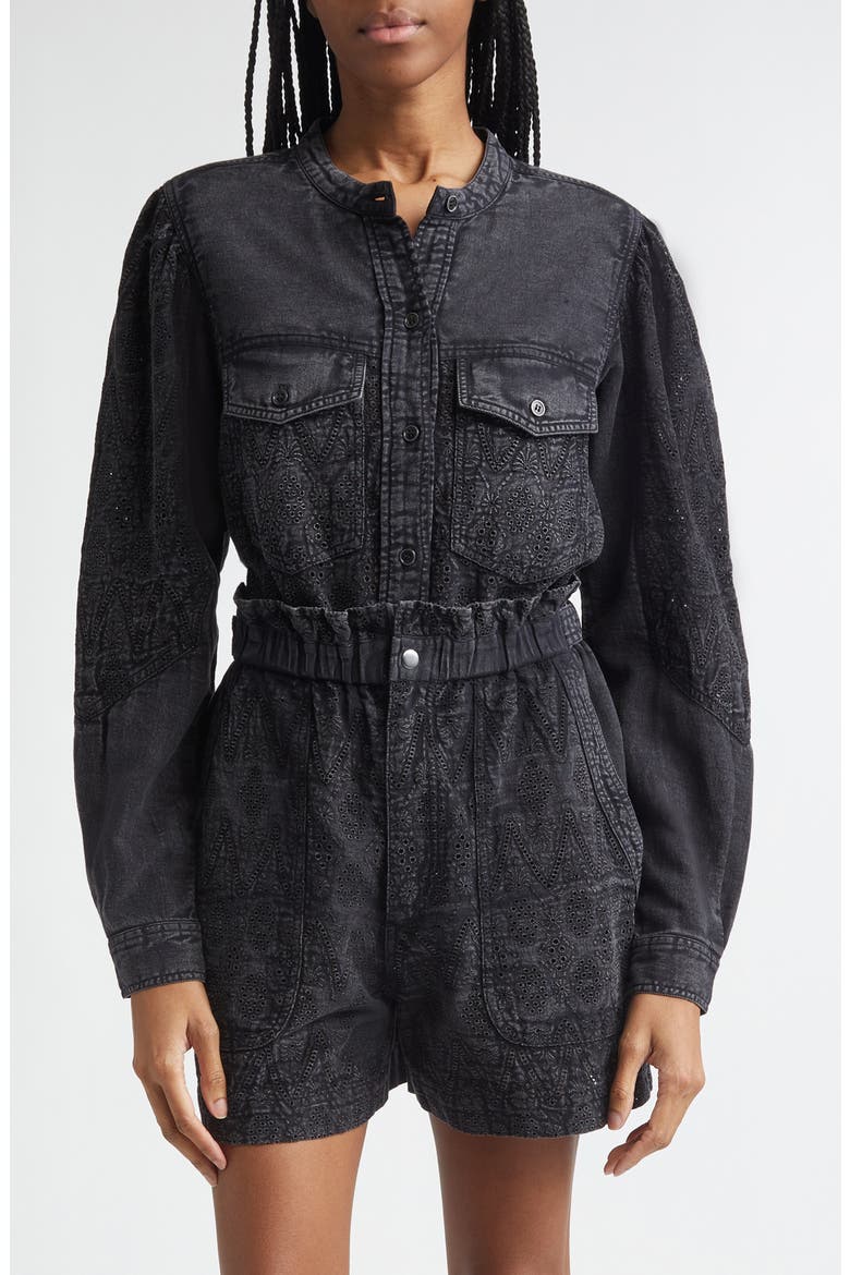 Kaina Embroidered Eyelet Denim Button-Up Shirt, Main, color, FADED BLACK