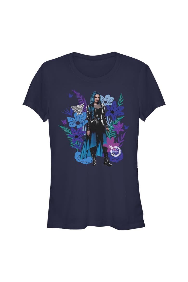 Junior's Descendants Wicked Wonderland Floral Chloe Portrait  Graphic T-Shirt, Main, color, Navy Blue