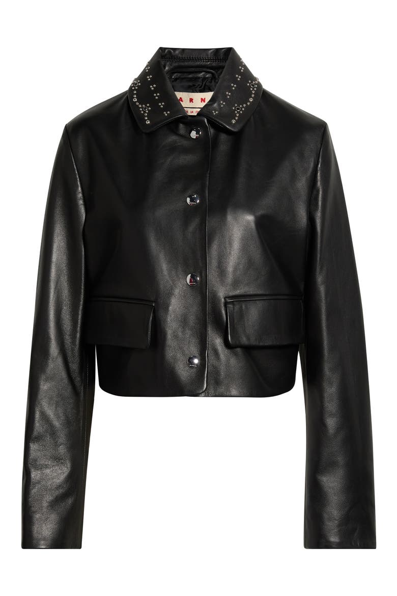 Studded Collar Cropped Leather Jacket, Main, color, 00N99 BLACK