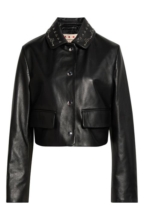 Studded Collar Cropped Leather Jacket