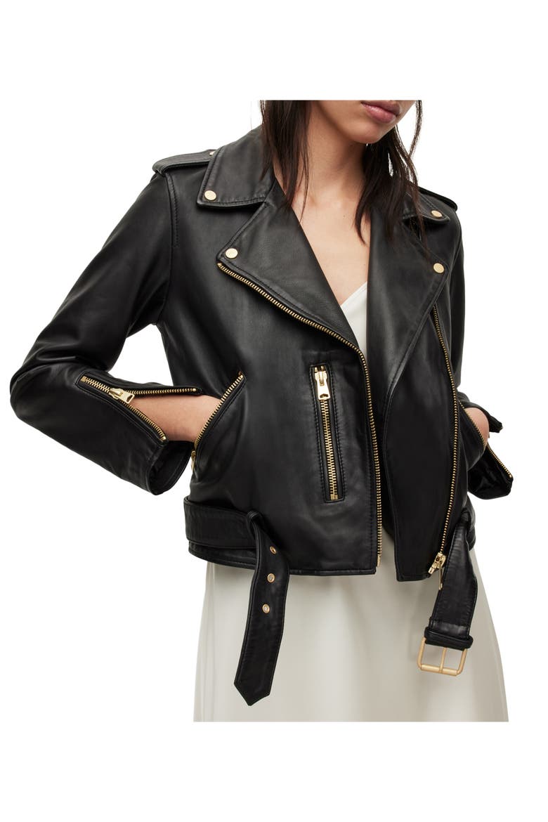 Balfern Sheepskin Leather Biker Jacket, Alternate, color, BLACK/ GOLD