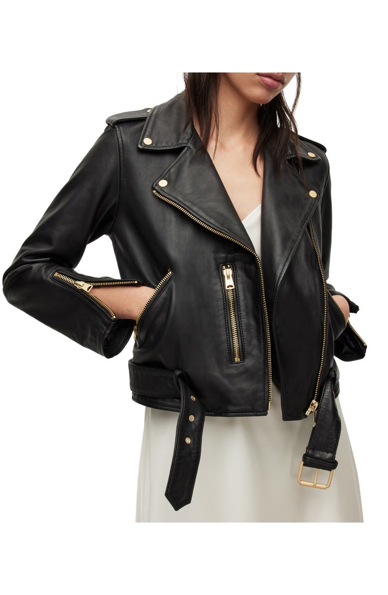 AllSaints Balfern Sheepskin Leather Biker Jacket, Alternate, color, Black/ Gold