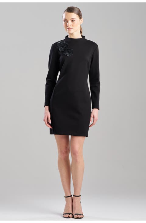 Double Knit Mock Neeck Sheath Dress With Embellishment