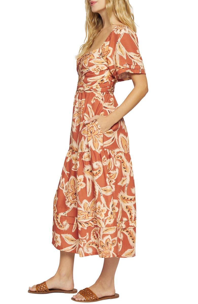 Lost + Wander Terra Di Siena Floral Tiered Midi Dress, Alternate, color, Brown-Multi