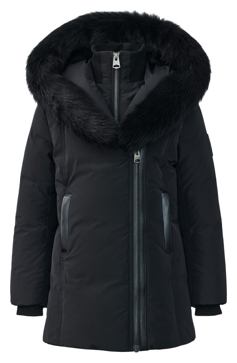 Mackage Kids' Leelee Genuine Shearling Trim Hooded Down Puffer Coat, Main, color, Black