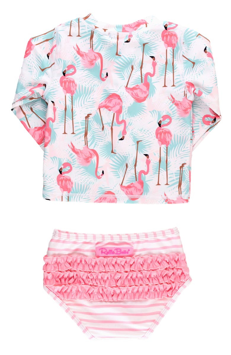 RuffleButts Kids' Vibrant Flamingo Long Sleeve Two-Piece Rashguard Swimsuit, Alternate, color, Blue