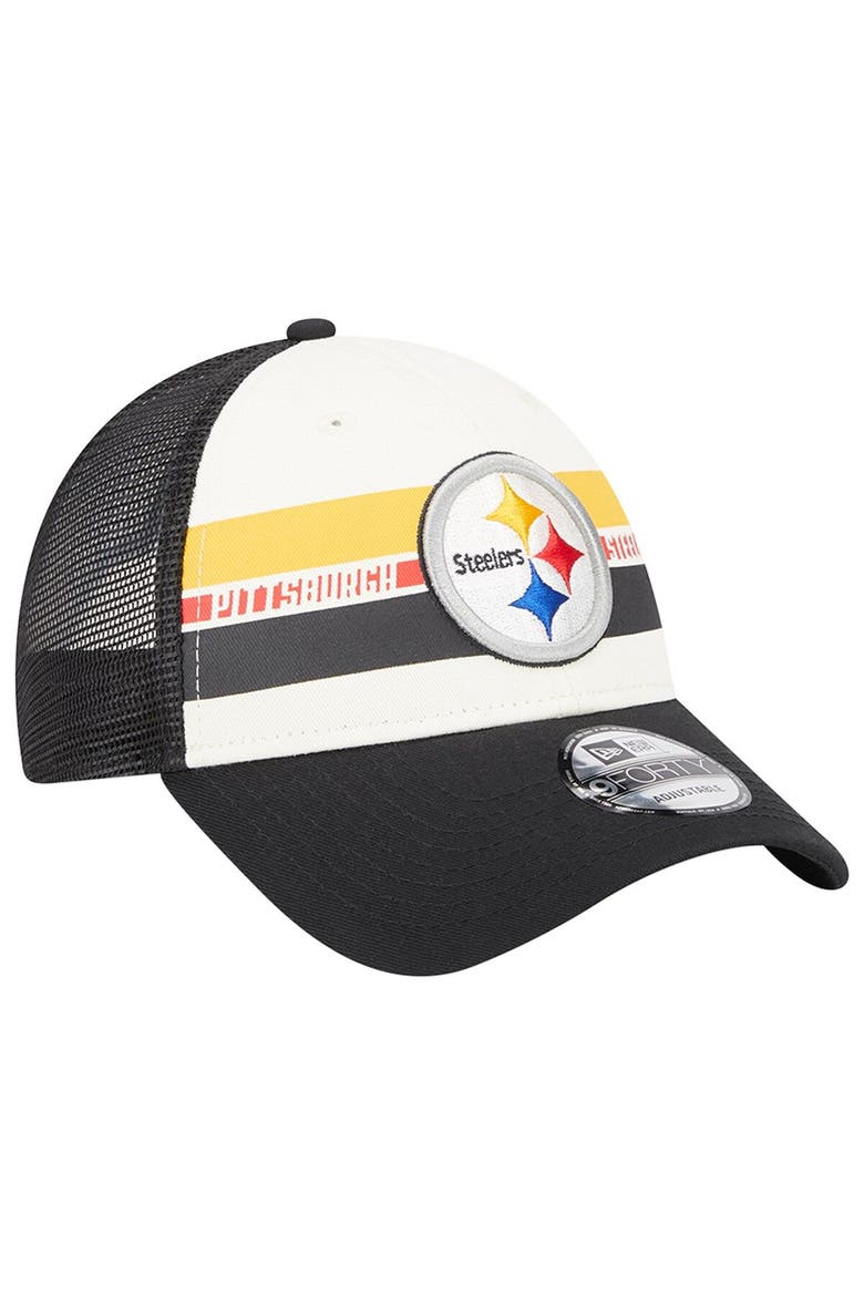 Men's New Era Cream/Black Pittsburgh Steelers Team Stripe Trucker 9FORTY Snapback Hat, Alternate, color, Cream