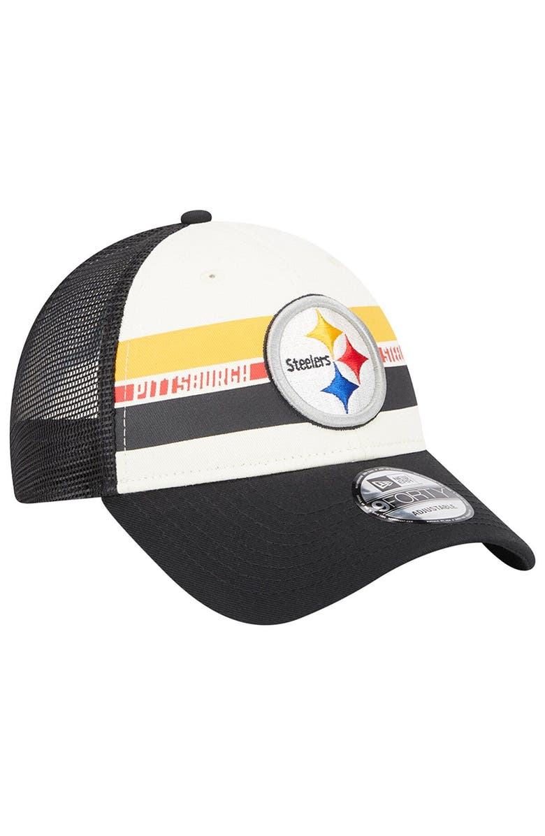 New Era Men's New Era Cream/Black Pittsburgh Steelers Team Stripe Trucker 9FORTY Snapback Hat, Alternate, color,