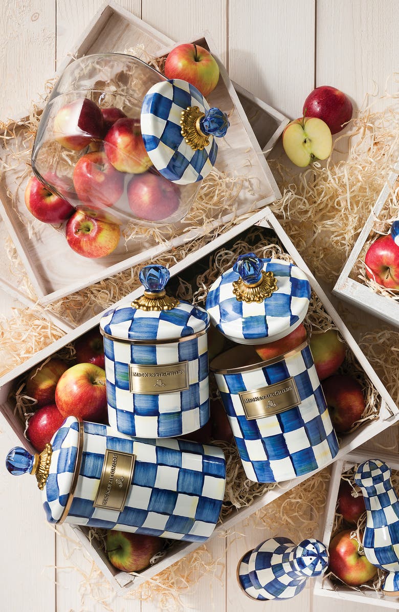 MACKENZIE CHILDS Royal Check Enameled Steel Small Canister, Alternate, color, Blue/ White