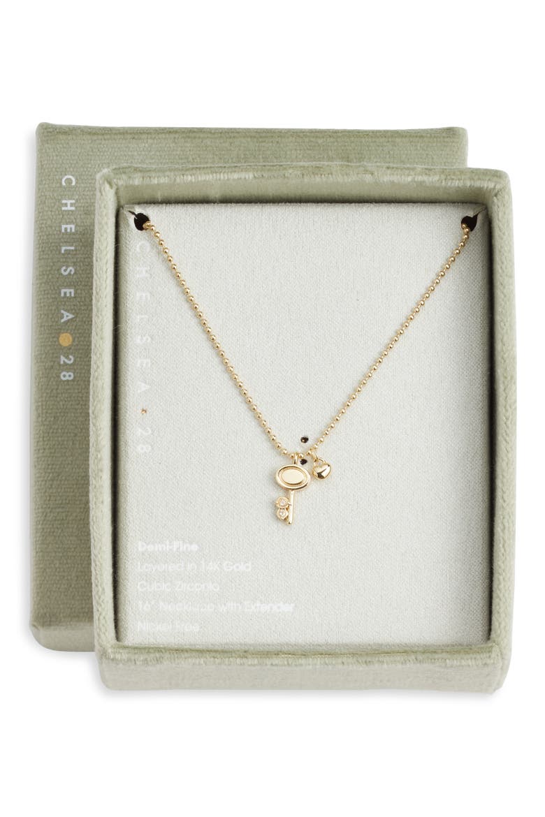 Demi Fine Heart & Key Pendant Necklace, Main, color, CLEAR- GOLD