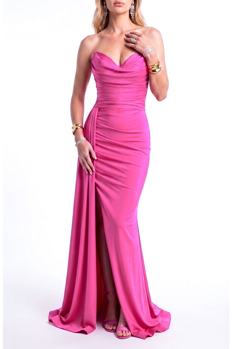 Ruched Strapless Sweetheart Mermaid Gown With Side Drape, Alternate, color, Neon Pink