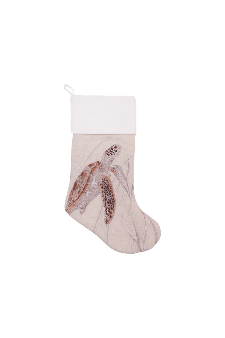 White Egret Embroidered Linen Christmas Stocking, Main, color, Brown