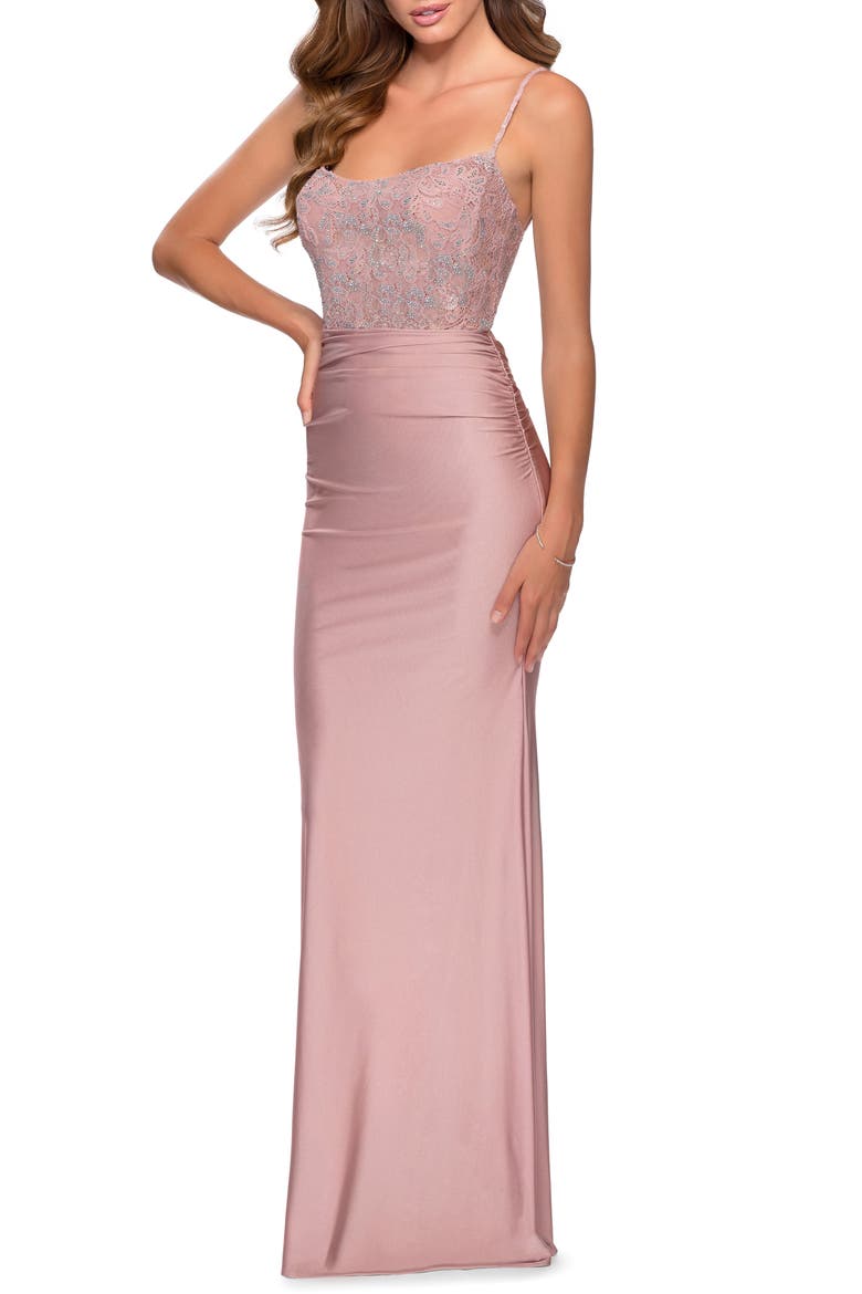 Lace & Jersey Trumpet Gown, Main, color, MAUVE