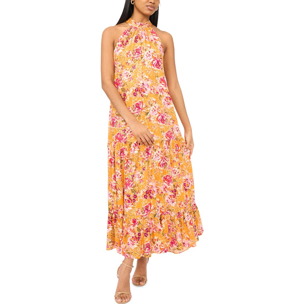 Msk Tiered Maxi Halter Dress In Hot Pink