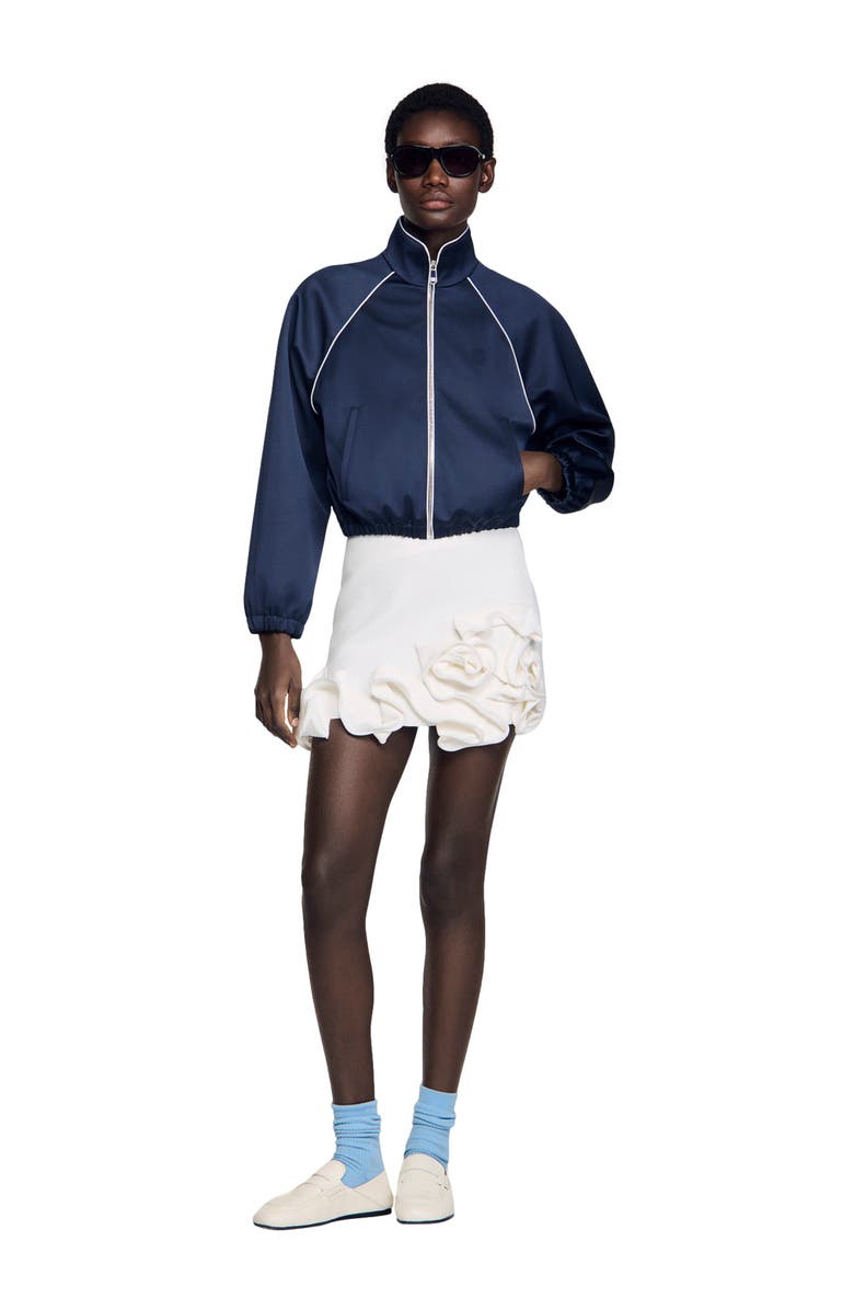 SANDRO Embroidered cropped satin jacket, Alternate, color, Navy / Black